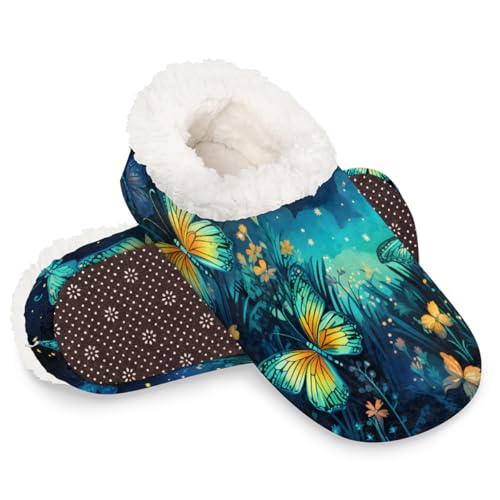 Dusviba Sternenhimmel Schmetterling Blumen Hausschuhe für Damen und Herren, warme flauschige Indoor-Hausschuhe mit rutschfester Sohle, gemütlicher Plüsch, Winter, Zuhause, Schlafzimmer, Hausschuhe für von Dusviba