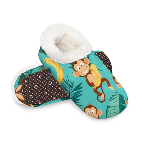 Dusviba Süße Affen Bananen-Palmblatt-Hausschuhe für Damen und Herren, warme flauschige Indoor-Hausschuhe mit rutschfester Sohle, gemütlicher Plüsch, Winter, Zuhause, Schlafzimmer, Hausschuhe für Büro von Dusviba