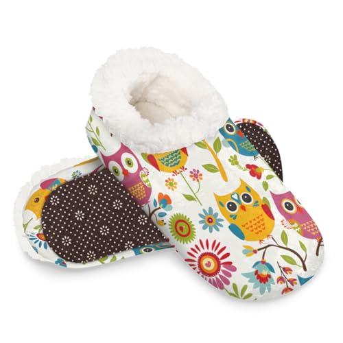 Dusviba Süße Cartoon-Blumen-Eulen-Hausschuhe für Damen und Herren, warme flauschige Indoor-Hausschuhe mit rutschfester Sohle, gemütlicher Plüsch, Winter, Zuhause, Schlafzimmer, Hausschuhe für Büro von Dusviba