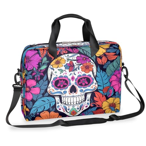 Dusviba Sugar Skull Tropische Blätter Laptoptasche 16 Zoll Slim Business Aktentasche für Männer Frauen Schultertasche mit Griff & abnehmbarem Gurt Arbeit Büro Computer Messenger Bag von Dusviba