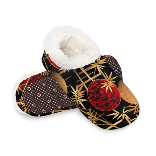 Dusviba Traditionelle Hausschuhe mit Bambus-Blättermuster, warme flauschige Indoor-Hausschuhe mit rutschfester Sohle, gemütlicher Plüsch, Winter, Zuhause, Schlafzimmer, Hausschuhe für Büro, Reisen von Dusviba