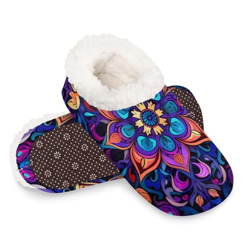 Dusviba Traditionelle Mandala-Blumen-Hausschuhe für Damen und Herren, warme flauschige Indoor-Hausschuhe mit rutschfester Sohle, gemütlicher Plüsch, Winter, Zuhause, Schlafzimmer, Hausschuhe für Büro von Dusviba