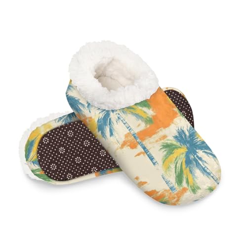 Dusviba Tropische Clorful Palmen-Hausschuhe für Damen und Herren, warme flauschige Indoor-Hausschuhe mit rutschfester Sohle, gemütlicher Plüsch, Winter, Zuhause, Schlafzimmer, Hausschuhe für Büro von Dusviba