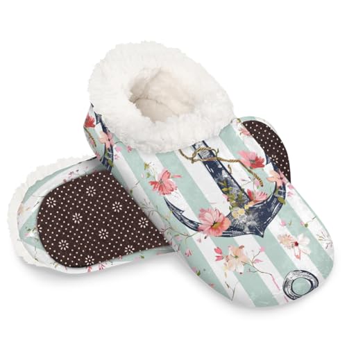 Dusviba Vintage Anchor Blumenstreifen-Hausschuhe für Damen und Herren, warme flauschige Indoor-Hausschuhe mit rutschfester Sohle, gemütlicher Plüsch, Winter, Zuhause, Schlafzimmer, Hausschuhe für Büro von Dusviba