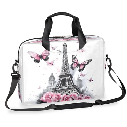 Dusviba Vintage Eiffelturm Schmetterlinge Rosen Laptoptasche 16 Zoll Slim Business Aktentasche für Männer Frauen Schultertasche mit Griff & abnehmbarem Gurt Arbeit Büro Computer Messenger Bag von Dusviba
