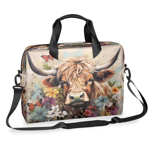 Dusviba Vintage High Land Kuh Blume Laptoptasche 16 Zoll Slim Business Aktentasche für Männer Frauen Schultertasche mit Griff & abnehmbarem Gurt Arbeit Büro Computer Messenger Bag von Dusviba