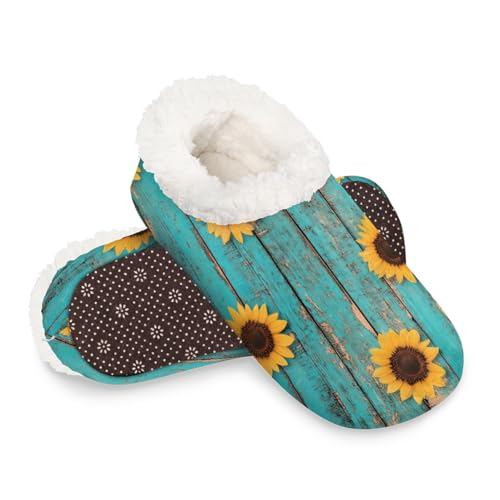 Dusviba Vintage türkisfarbene Holz-Sonnenblumen-Hausschuhe für Damen und Herren, warme flauschige Indoor-Hausschuhe mit rutschfester Sohle, gemütlicher Plüsch, Winter, Zuhause, Schlafzimmer von Dusviba