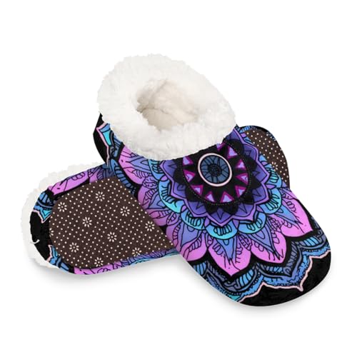 Dusviba Violette Mandala-Blumen-Hausschuhe für Damen und Herren, warme flauschige Indoor-Hausschuhe mit rutschfester Sohle, gemütlicher Plüsch, Winter, Zuhause, Schlafzimmer, Hausschuhe für Büro von Dusviba