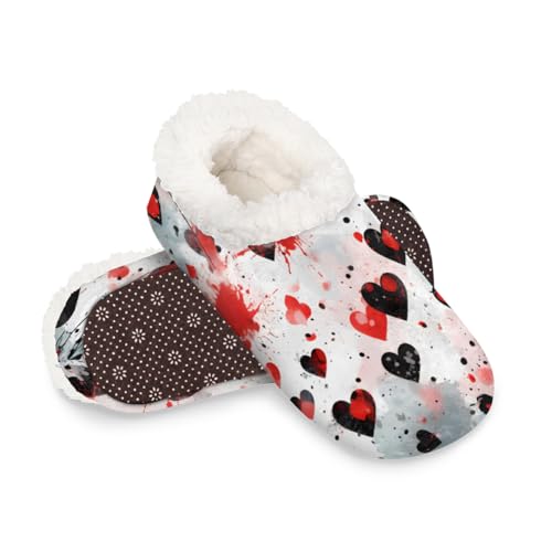 Dusviba Wasserfarben-Hausschuhe mit Herz-Spritzer-Druck für Damen und Herren, warme flauschige Indoor-Hausschuhe mit rutschfester Sohle, gemütlicher Plüsch, Winter, Zuhause, Schlafzimmer, Hausschuhe von Dusviba