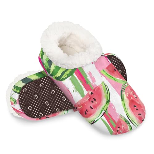 Dusviba Wasserfarben-Hausschuhe mit Wassermelonen-Streifen, warme flauschige Indoor-Hausschuhe mit rutschfester Sohle, gemütlicher Plüsch, Winter, Zuhause, Schlafzimmer, Hausschuhe für Büro, Reisen von Dusviba