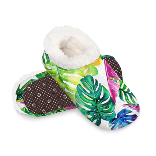 Dusviba Wasserfarben-Hausschuhe mit tropischen Blättern für Damen und Herren, warm, flauschig, mit rutschfester Sohle, gemütlicher Plüsch, Winter, Zuhause, Schlafzimmer, Hausschuhe für Büro, Reisen von Dusviba