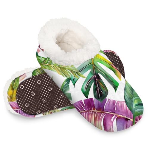 Dusviba Wasserfarben-Hausschuhe mit tropischen Blättern für Damen und Herren, warm, flauschig, mit rutschfester Sohle, gemütlicher Plüsch, Winter, Zuhause, Schlafzimmer, Hausschuhe für Büro, Reisen von Dusviba