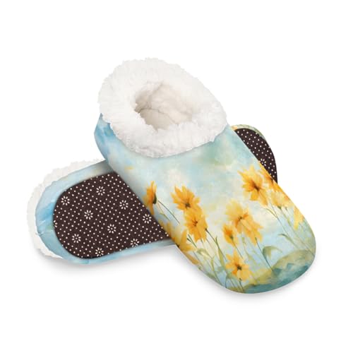 Dusviba Wasserfarben-Sonnenblumen-Feld-Hausschuhe für Damen und Herren, warm, flauschig, für den Innenbereich, mit rutschfester Sohle, gemütlicher Plüsch, Winter, Zuhause, Schlafzimmer, Hausschuhe für von Dusviba