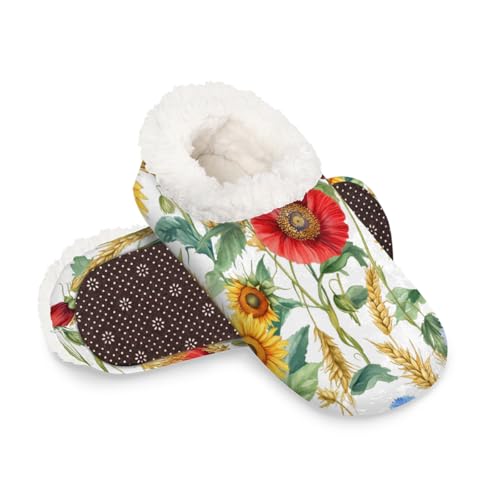 Dusviba Wasserfarben-Sonnenblumen-Hausschuhe für Damen und Herren, warme flauschige Hausschuhe mit rutschfester Sohle, gemütlicher Plüsch, Winter, Zuhause, Schlafzimmer, Hausschuhe für Büro, Reisen von Dusviba