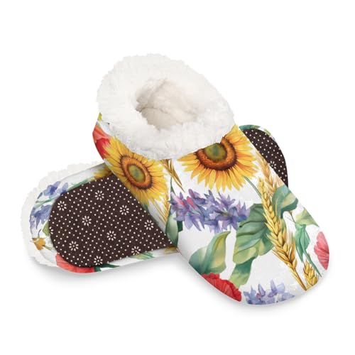 Dusviba Wasserfarben-Sonnenblumen-Hausschuhe für Damen und Herren, warme flauschige Indoor-Hausschuhe mit rutschfester Sohle, gemütlicher Plüsch, Winter, Zuhause, Schlafzimmer, Hausschuhe für Büro von Dusviba