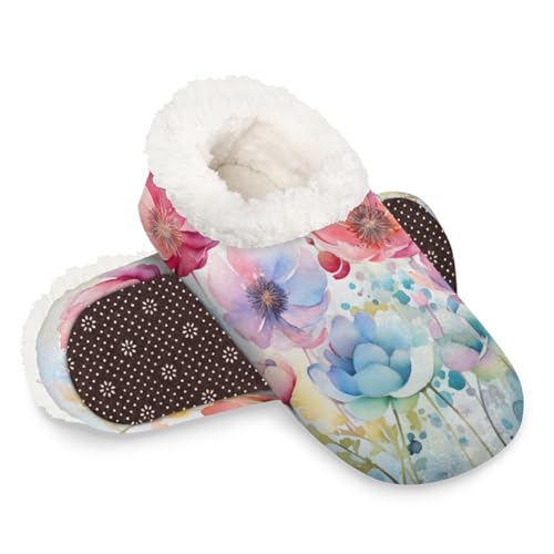 Dusviba Wasserfarbene, bunte Blumen-Hausschuhe für Damen und Herren, warm, flauschig, für den Innenbereich, mit rutschfester Sohle, gemütlicher Plüsch, Winter, Zuhause, Schlafzimmer, Hausschuhe für von Dusviba