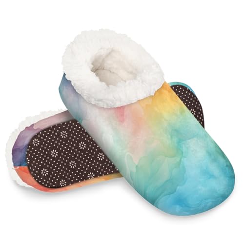 Dusviba Wasserfarbene, bunte Hausschuhe mit Marmor-Muster, warme flauschige Indoor-Hausschuhe mit rutschfester Sohle, gemütlicher Plüsch, Winter, Zuhause, Schlafzimmer, Hausschuhe für Büro, Reisen von Dusviba