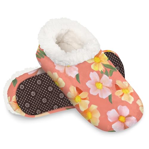 Dusviba Wasserfarbene, niedliche gelbe Blumen-Hausschuhe für Damen und Herren, warm, flauschig, für den Innenbereich, mit rutschfester Sohle, gemütlicher Plüsch, Winter, Zuhause, Schlafzimmer von Dusviba