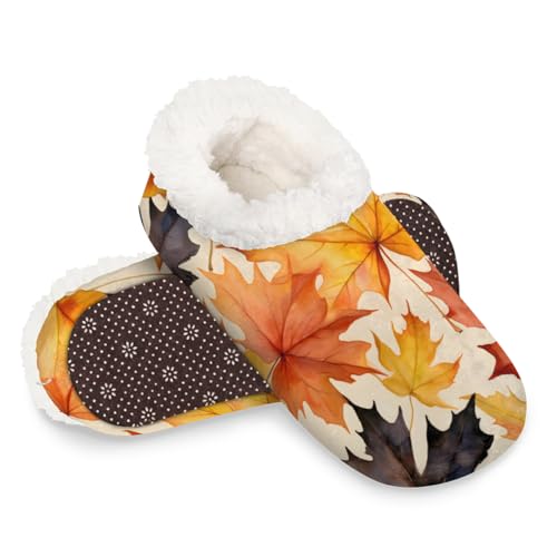 Dusviba Wasserfarbene, rote Ahornblätter-Hausschuhe für Damen und Herren, warme flauschige Indoor-Hausschuhe mit rutschfester Sohle, gemütlicher Plüsch, Winter, Zuhause, Schlafzimmer, Hausschuhe für von Dusviba