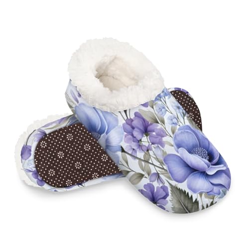Dusviba Wasserfarbene, violette Hausschuhe mit Blumenmuster für Damen und Herren, warme flauschige Indoor-Hausschuhe mit rutschfester Sohle, gemütlicher Plüsch, Winter, Zuhause, Schlafzimmer von Dusviba