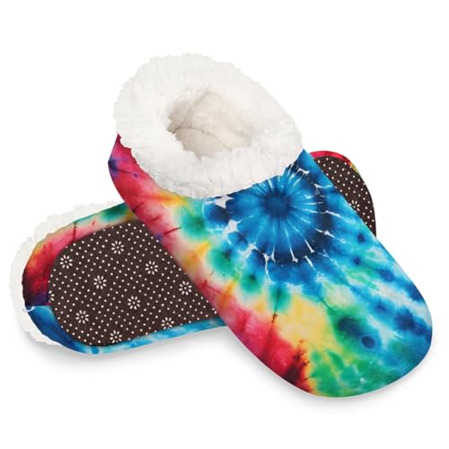 Ethnische Regenbogen-Hausschuhe für Damen und Herren, warme flauschige Indoor-Hausschuhe mit rutschfester Sohle, gemütlicher Plüsch, Winter, Zuhause, Schlafzimmer, Hausschuhe für Büro, Reisen, Hotel von Dusviba