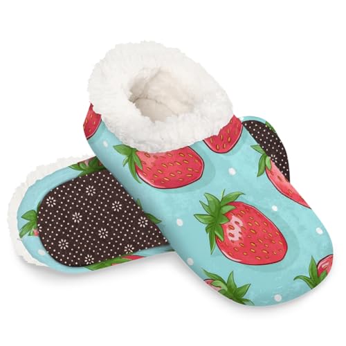 Hausschuhe für Damen und Herren, mit Erdbeer-Motiv, warme flauschige Indoor-Hausschuhe mit rutschfester Sohle, gemütlicher Plüsch, Winter, Zuhause, Schlafzimmer, Hausschuhe für Büro, Reisen, Hotel von Dusviba