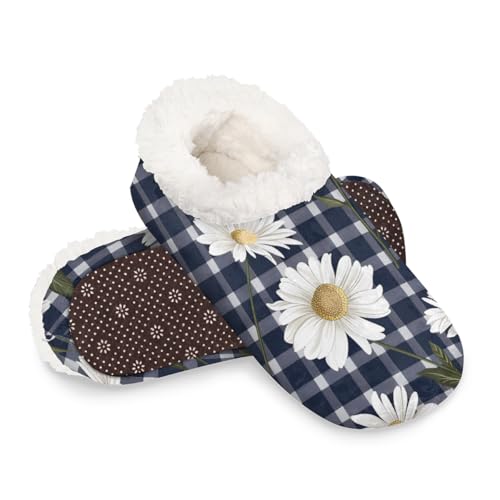 Hausschuhe mit floralem Gänseblümchen, kariert, für Damen und Herren, warm, flauschig, für den Innenbereich, mit rutschfester Sohle, gemütlicher Plüsch, Winter, Zuhause, Schlafzimmer, Hausschuhe für von Dusviba