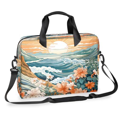 Japanische Wellen Sonnenaufgang Blume Laptoptasche 16 Zoll Slim Business Aktentasche für Männer Frauen Schultertasche mit Griff & abnehmbarem Gurt Arbeit Büro Computer Messenger Bag von Dusviba