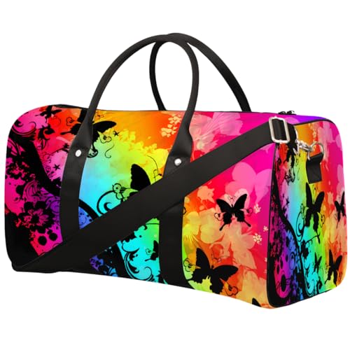 Sporttasche für Damen und Herren, Motiv: bunte Kunst, Schmetterlings-Silhouette, wasserabweisend, faltbar, leicht, Wochenendtasche, Übernachtungstasche, für Workout, Krankenhaus von Dusviba