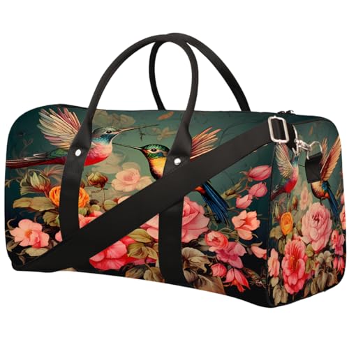 Sporttasche mit Kolibris und Pfingstrosen, Retro-Stil, für Damen und Herren, wasserabweisend, faltbar, leicht, für Workout, Krankenhaus Sporttasche mit Kolibris und Pfingstrosen, Retro-Stil, für Damen und Herren, wasserabweisend, faltbar, leicht, für Workout, Krankenhaus von Dusviba