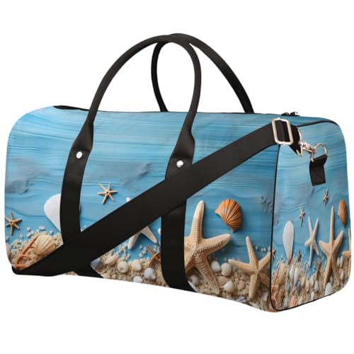 Strand-Holz-Seestern-Muschel-Sporttasche für Damen und Herren, wasserabweisend, faltbar, Reisetasche, leicht, Wochenendtasche, Übernachtungstasche, für Workout, Krankenhaus von Dusviba