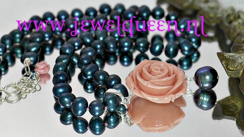 Hand Geknotete Schwarz Süßwasser Perlenkette Mit Clip Aufhänger Großen Rose Und Perle Tropfen von DutchCreativity