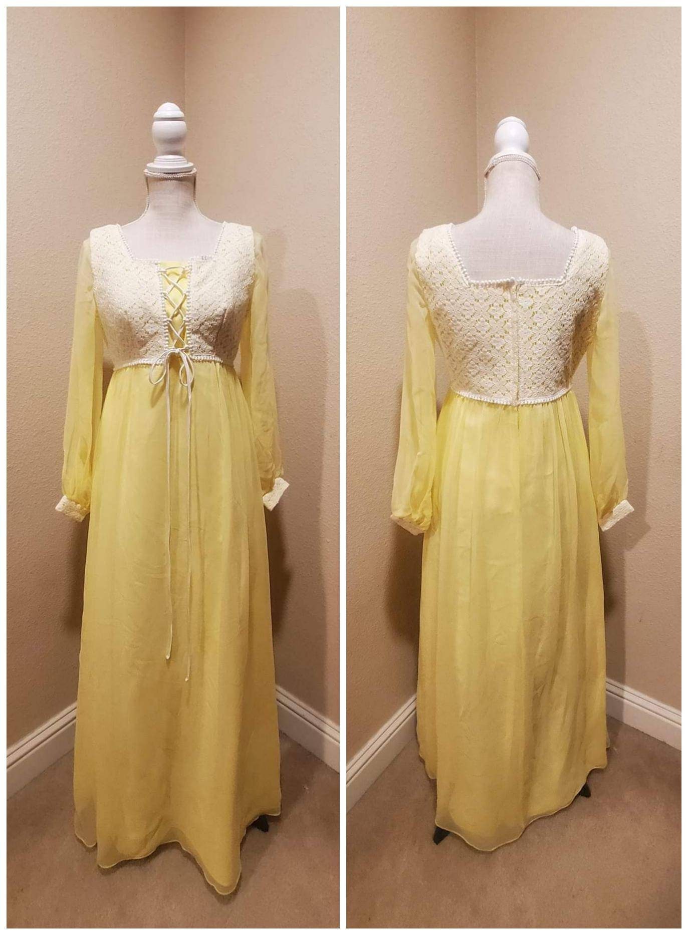 Verträumte 1970Er Jahre Renaissance Cottage Core Korsett Büste Schiere Ballonärmel Frühling Gelb Maxikleid M L von DutchieDollVintage