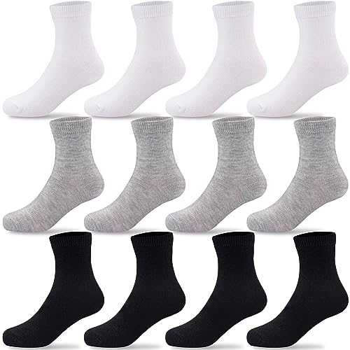 Duufin 12 Paar Socken Kinder Socken Unisex Kleinkindsocken Baumwolle Söckchen Sportsocken für Mädchen Jungen (4-6 Jahre, Schwarz, Weiß, Grau) von Duufin