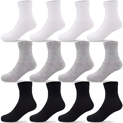 Duufin 12 Paar Socken Kinder Socken Unisex Kleinkindsocken Baumwolle Söckchen Sportsocken für Mädchen Jungen (7-10 Jahre, Schwarz, Weiß, Grau) von Duufin