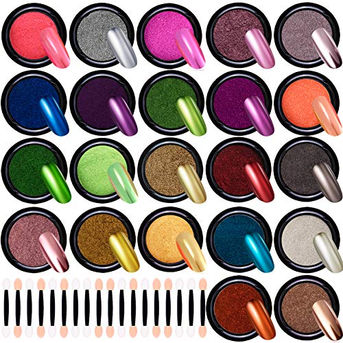 Duufin 22 Gläser Nagelpuder Set Chrom Nagelpulver, Metallic Nägel Pulver Mirror Powder Nägel mit 22 Stück Lidschatten Sticks für Maniküre Nagel Dekoration von Duufin