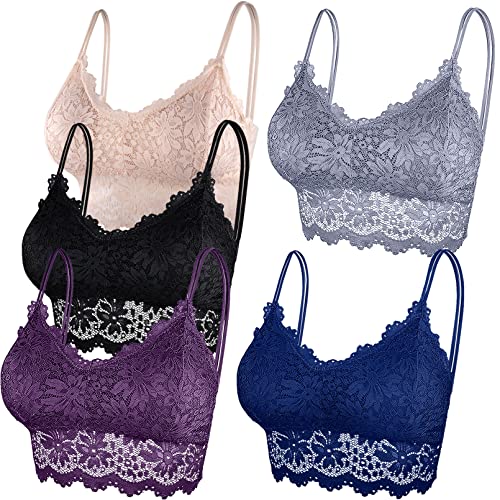 Duufin 5 Stück Spitzen BH Bralette Spitze Gepolstert für Damen und Mädchen(Grau, Schwarz, Teint, Dunkelviolett, Blau), S-M von Duufin