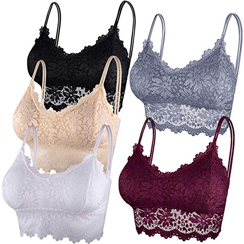 Duufin 5 Stück Bralette Spitzen BH Bralette Spitze Gepolstert BH für Damen und Mädchen, 5 Farben (Schwarz, Weiß, Rot, Grau, Beige, L-XL) von Duufin