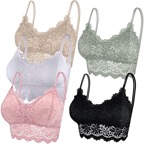 Duufin 5 Stück Bralette Spitzen BH Bralette Spitze Gepolstert für Damen und Mädchen (Rosa, Weiß, Schwarz, Khaki, Olive, L-XL) von Duufin