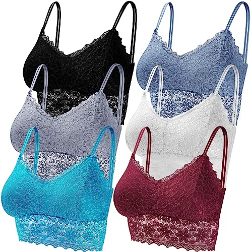 Duufin 6 Stück Bralette Spitze BH Bralette Gepolstert Spitze für Damen, 6 Farben (Schwarz, Weiß, Grau, Himmelblau, Burgunderrot, Türkis, L-XL) von Duufin