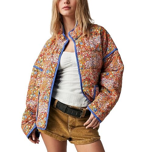 Duyang Damen Cropped Puffer Jacke Leicht Floral Gedruckt Offene Front Steppmantel Winter Warm Outwear, gelb, L von Duyang