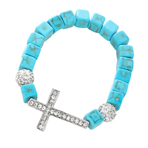 Duyeuau Verstellbarer Kreuz-Anhänger, elastisch, türkis, Perlenschmuck für vielseitiges Styling, für Damen und Herren, verstellbar, dehnbar mit unregelmäßigen Perlen, Einheitsgröße, Wie beschrieben von Duyeuau