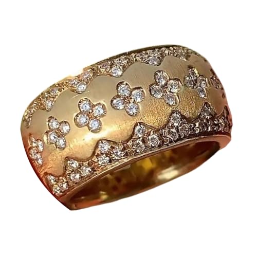 Duyeuau Vierblättrige Kleeblatt-Ringe mit Zirkonia, goldfarben, funkelnde Diamanten, breiter Ring, stilvolles Bankett-Zubehör, Zirkon-Verzierung, goldfarben, Einheitsgröße, Wie beschrieben, Wie von Duyeuau