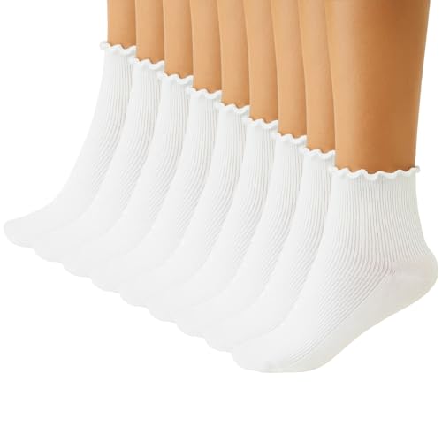 8 Paar Socken Mit Rüschen Damen, Weiße Socken Damen Mit Elegantem Rüschen-Design, Weich Atmungsaktive Crew Söckchen, Perfekt Für Täglichen Gebrauch, Sport Und Partys von DvBCNMe