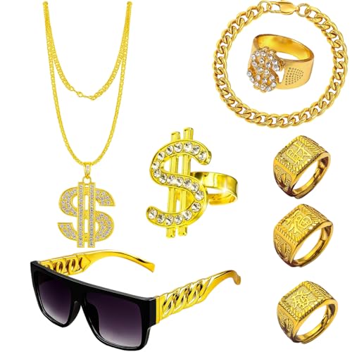 8 Stück Zuhälter Kostüm, 80er Jahre Outfit Herren, Hip-Hop-Set Mit Goldkette, Dollarzeichen Ring, Sonnenbrille Und Armband, Perfekt Für Karneval Und Mottopartys 8 Stück Zuhälter Kostüm, 80er Jahre Outfit Herren, Hip-Hop-Set Mit Goldkette, Dollarzeichen Ring, Sonnenbrille Und Armband, Perfekt Für Karneval Und Mottopartys von DvBCNMe
