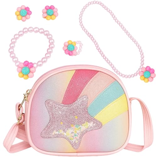 DvBCNMe Kinderhandtaschen Für Mädchen, Umhängetasche Kinder Mädchen Mit Schmuckset, Handtasche Mädchen In Hellrosa, Perfekt Für Kindergarten, Schule Und Reisen von DvBCNMe