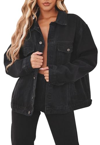 DvaeMalligo Damen Jeansjacke Oversized Casual Langarm Button Down Distressed Trucker Jeans Jacken mit Taschen, Black01, 3XL von DvaeMalligo