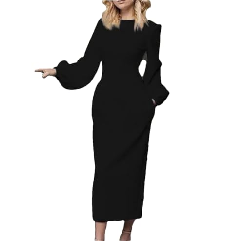 Dvbfufv Damen Herbst Winter Mode Kleider Langarm Slim Strickkleid Frühling Elegant Party Midi Kleider, Schwarz , Small von Dvbfufv