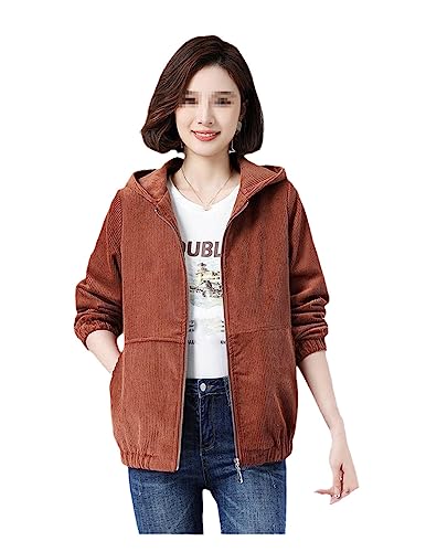 Dvbfufv Damen Jacke Frühling Cord Basic Mantel Langarm Windjacke Famale Kapuzenreißverschluss Lässige Bomberjacke Caramel color 5XL von Dvbfufv