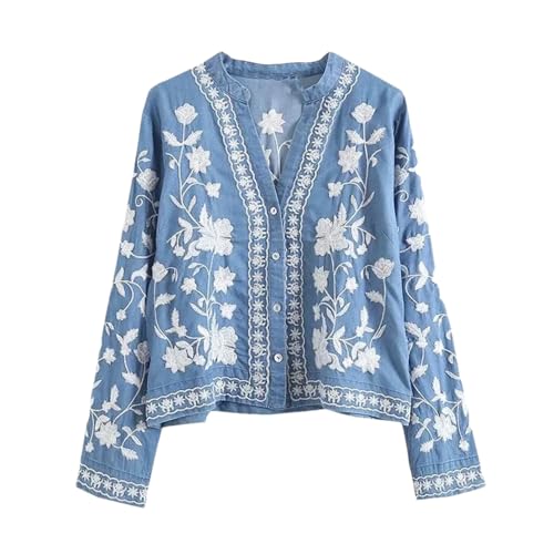 Dvbfufv Damen Jeanshemd Frühling Sommer Weich V-Ausschnitt Blumenstickerei Blusen Damen Dünne Jeans Mantel Tops, hellblau, XS Dvbfufv Damen Jeanshemd Frühling Sommer Weich V-Ausschnitt Blumenstickerei Blusen Damen Dünne Jeans Mantel Tops, hellblau, XS von Dvbfufv